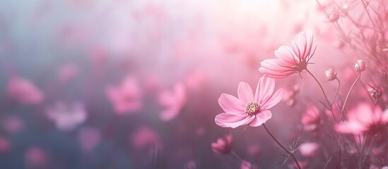 Obraz premium Soft focus cosmos flower garden with pink and lavender hues, foreground blooms in sharp detail against a dreamy blurred pastel background.