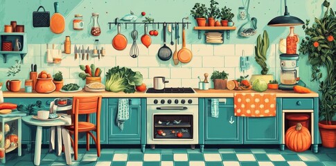 Cozy vintage style kitchen filled with plants and fresh produce