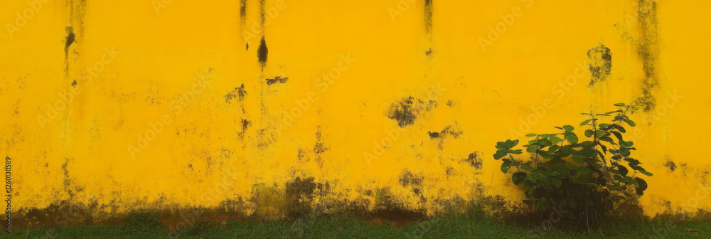 Aufkleber deep yellow wall with grunge texture and dark markings in urban setting