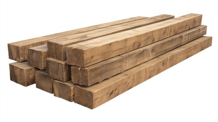 Fototapeta premium A pile of wooden beams stacked together, showing rough-cut textures and organic grain details.