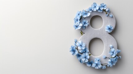 Delicate embroidered number eight with soft baby-blue forget-me-nots on pure white background featuring ample copyspace for creative designs
