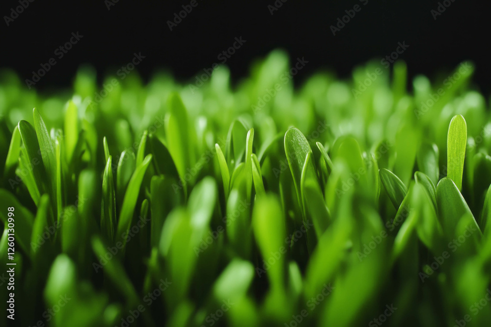Poster Dense green turf texture with smooth surface and uniform height against a black background