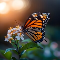 Fototapeta premium Monarch butterfly feeding sunset garden bloom nature