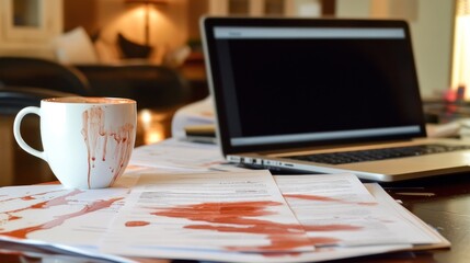 Spilled Coffee on Documents Near Laptop