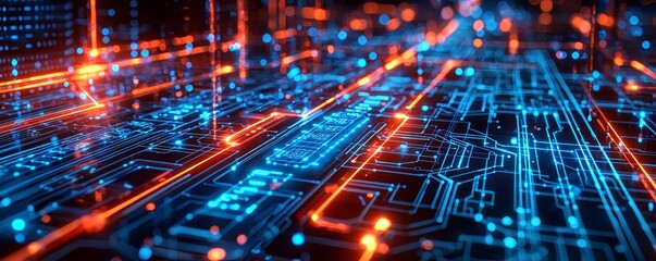 Abstract Circuit Board with Glowing Lines and Bokeh, digital art, technology ,circuitry