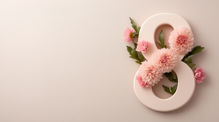 Elegant champagne-colored number eight adorned with soft coral dahlias on a warm beige background creates a sophisticated atmosphere