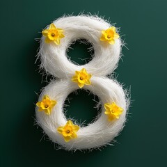 Pearl white number 8 adorned with yellow daffodils on a deep emerald green background showcasing spring elegance