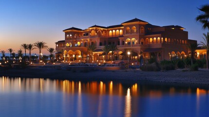 Naklejka premium Luxurious Resort at Dusk: A Serene Oasis