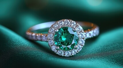 green satin background with a green emerald fashion engagement diamond ring close up of elegant jewelry for women discerning attentio
