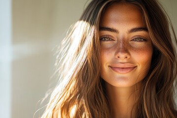 Fototapeta premium Bright sunlight highlights joyful expression and flowing hair, c