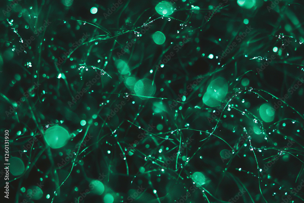 Poster glistening droplets on dense wet grass create a vibrant texture on a dark background