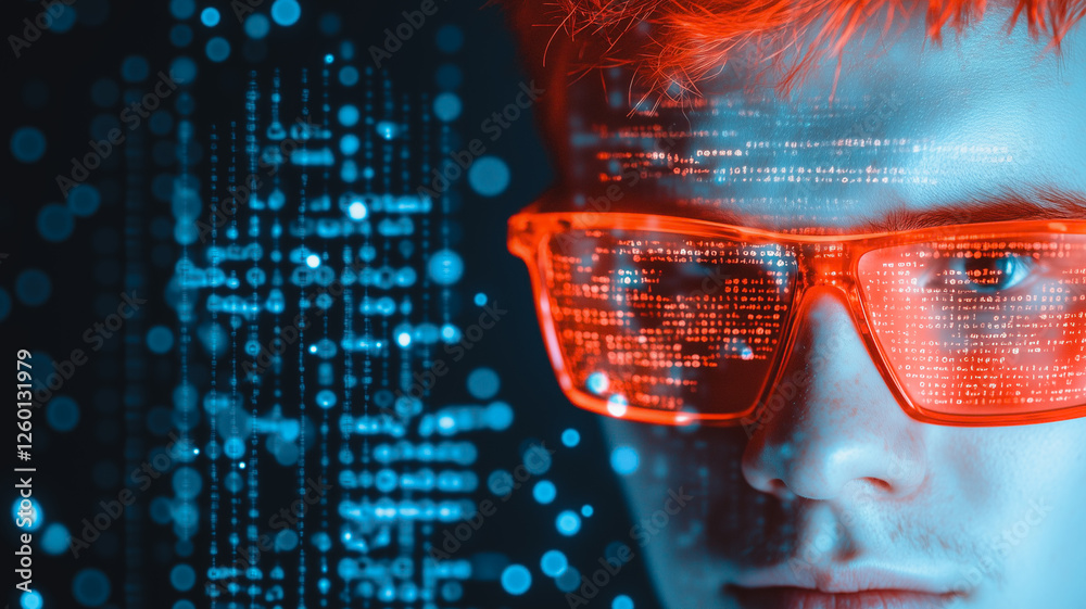 Poster cyberpunk hacker: a close-up shot of a cyberpunk hacker with red hair, wearing futuristic red-tinted