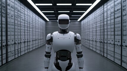 Advanced humanoid robot standing in a futuristic server room corridor