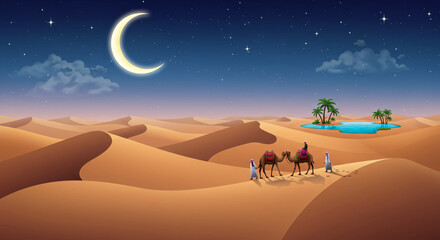 Fototapeta premium A serene Ramadan night desert landscape under a crescent moon, with a caravan heading towards an oasis, in a soft glowing digital illustration