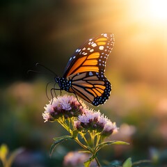 Obraz premium Monarch butterfly sunset meadow flower nature beauty