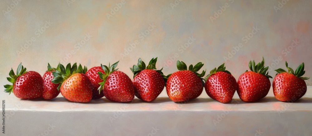 Poster Fresh red strawberries lined up neatly on a soft light textured surface with green leaves highlighting their plump shape against a pastel backdrop