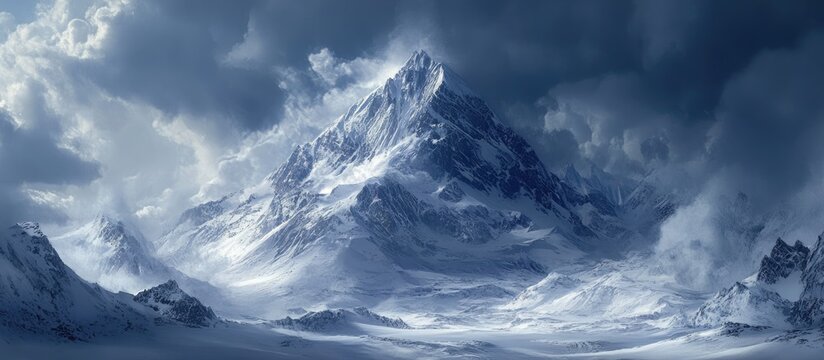 Majestic K2 peak under dramatic stormy sky with dark blue clouds and snow-covered slopes creating a breathtaking and powerful mountain landscape.
