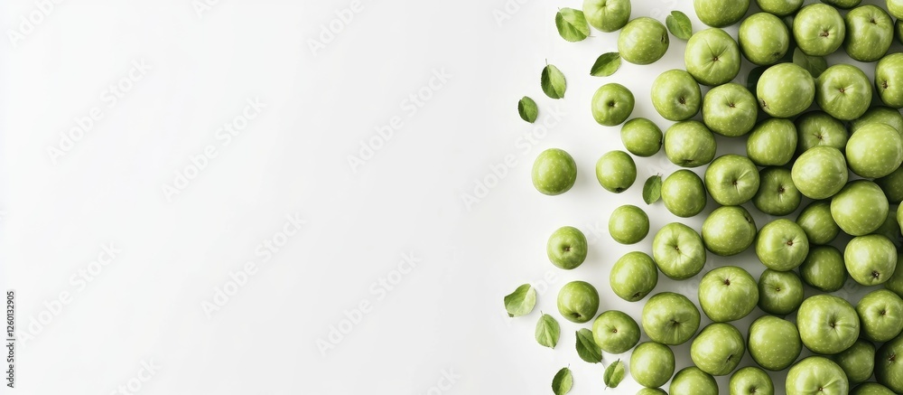 Poster green granny smith apples scattered on a white background with a top view perspective creating a fre