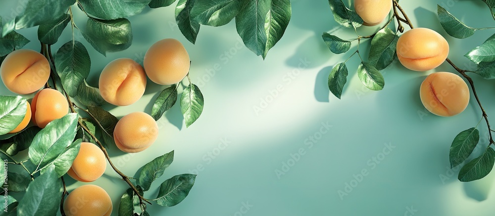 Poster fresh apricots and green leaves arranged on a light blue background with natural sunlight creating a