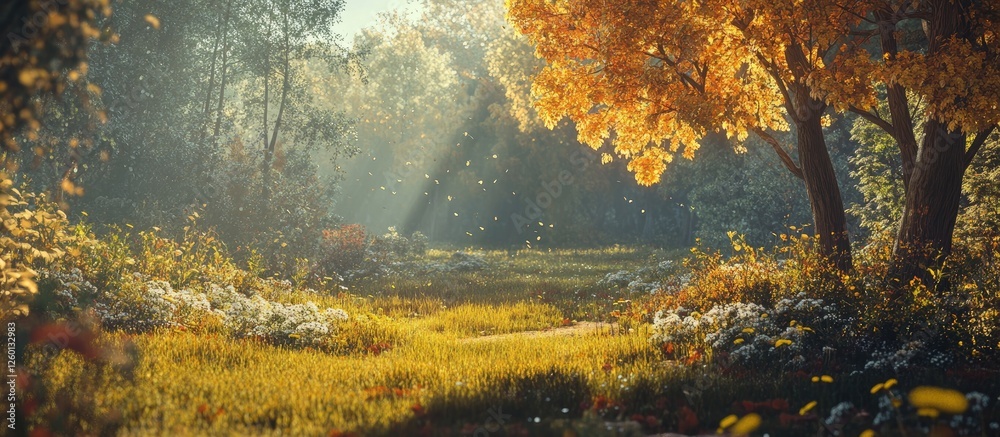 Aufkleber vibrant autumn forest scene with sunlight filtering through golden leaves and green grass illuminate