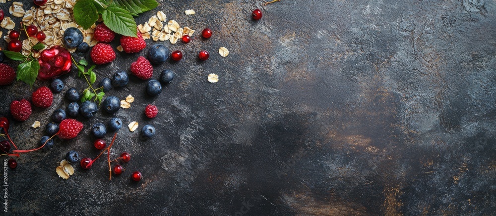 Poster healthy breakfast with muesli oats and mixed berries like raspberries and blueberries scattered on t