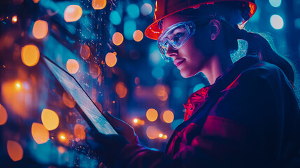 Obraz premium Female Engineer Inspecting Digital Display at Night