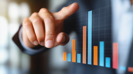Business Growth Visualization: A businessman's finger points confidently towards an upward trending bar graph, symbolizing growth and success in a modern, minimalist visualization.