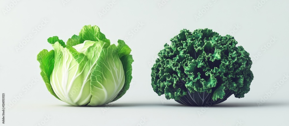 Poster fresh chinese cabbage and kale on a light gray surface; vibrant green colors; cabbage on left, kale 