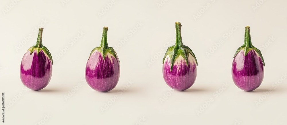 Poster vibrant purple eggplants arranged in a row with green stems on a bright white background creating a 