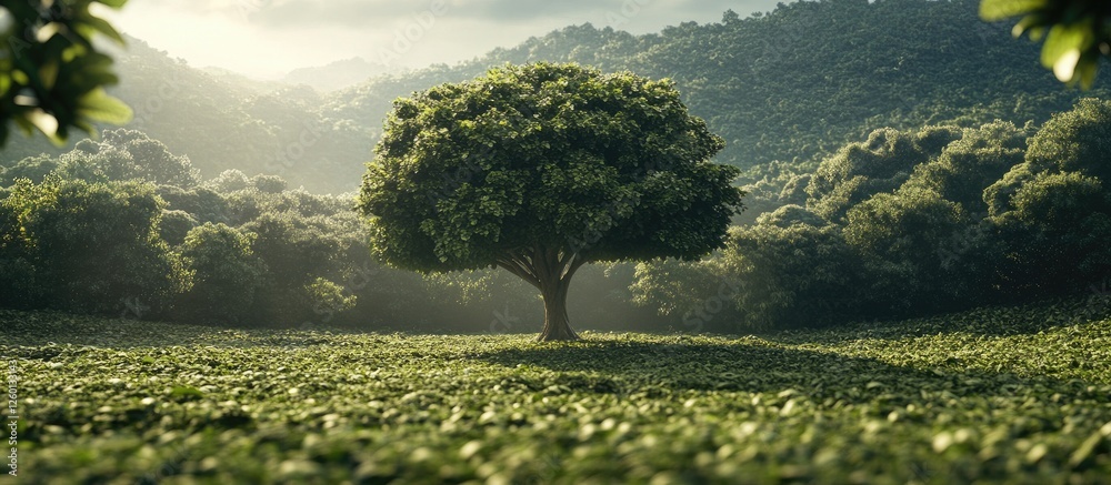 Poster lush green tree standing majestically on expansive emerald meadow surrounded by soft hills under a s