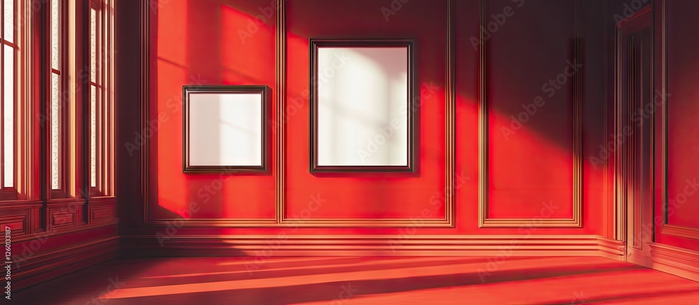 Aufkleber Gallery interior with two empty frames on a vivid red wall illuminated by sunlight creating shadows on the wooden floor and walls