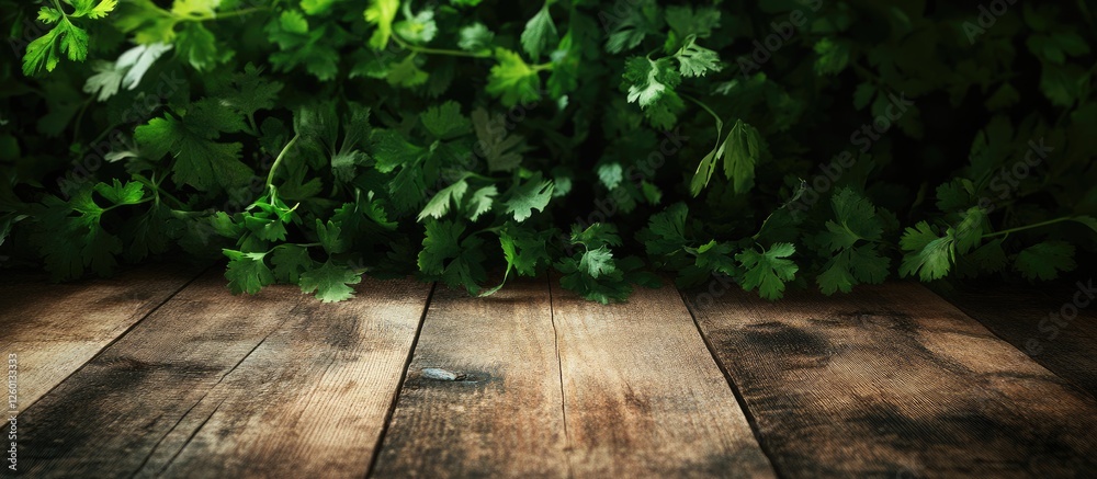 Poster fresh green coriander herbs on a rustic wooden table with dark background showcasing organic seasoni