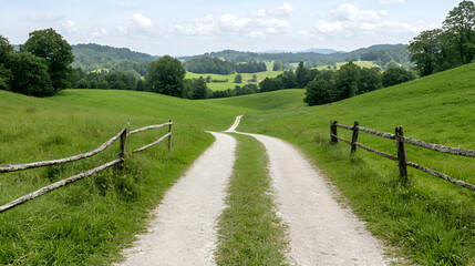 Fototapeta premium Country road winding through green hills, summer day