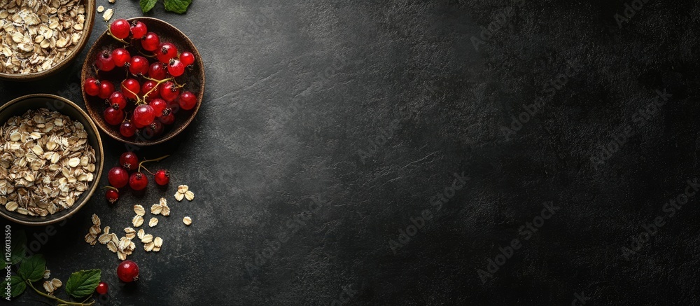 Poster rustic dark background featuring bowls of muesli and fresh berries arranged on the left with scatter