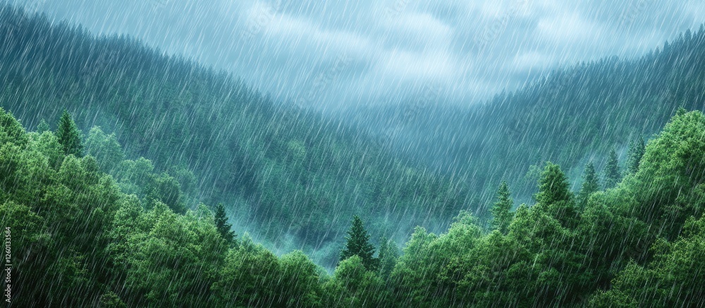 Poster lush green pine forest on mountainside under gray rain-filled sky with layered hills in the backgrou