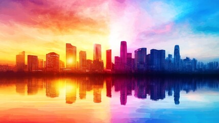 Obraz premium Futuristic City Skyline at Sunset with Reflections and Vibrant Colors Over Water