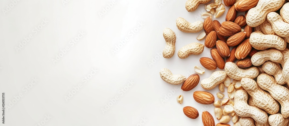 Poster mixed nuts including fresh peanuts and almonds positioned diagonally on a light beige background sho