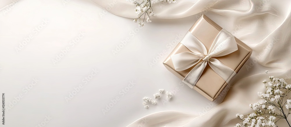 Poster elegant silk-wrapped gift box featuring a cream ribbon atop soft beige fabric arranged on a white ba