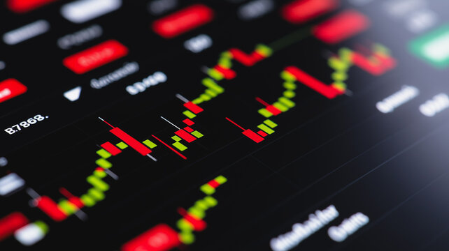 Market Volatility: A close-up shot reveals a dynamic stock market chart on a digital screen, showcasing fluctuating red and green candlestick patterns that represent the ebb and flow of market trends.
