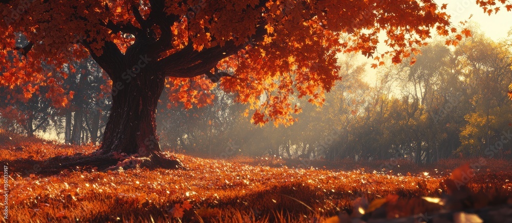 Aufkleber vibrant autumn landscape featuring a large oak tree on the left, surrounded by golden and red foliag