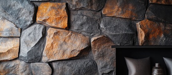 Textured orange and black stone slate rock wall showcasing artistic design potential with varying rock shapes and shadow details for creative projects
