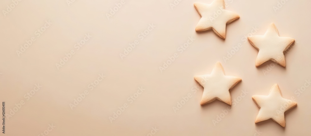 Poster Festive holiday sugar cookies in star shape arranged on a light beige surface with empty space for messages creating a warm celebration vibe