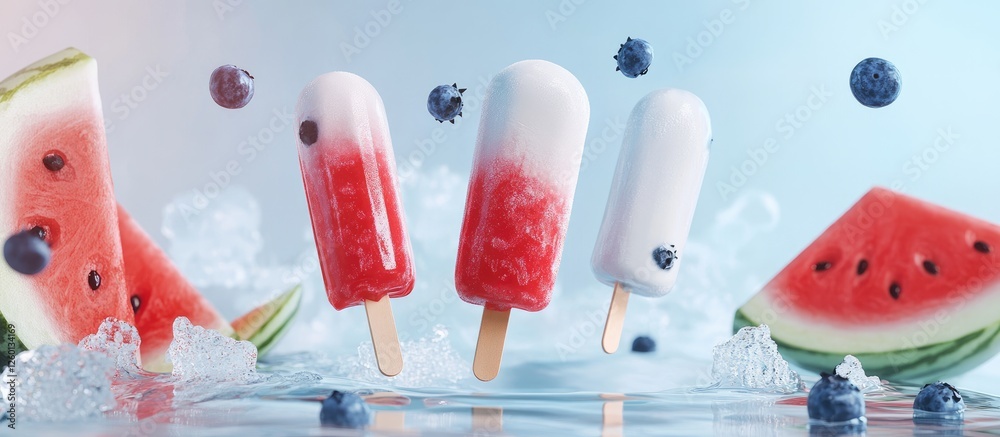Poster assorted fruit popsicles in red and white on ice with watermelon slices and blueberries, positioned 