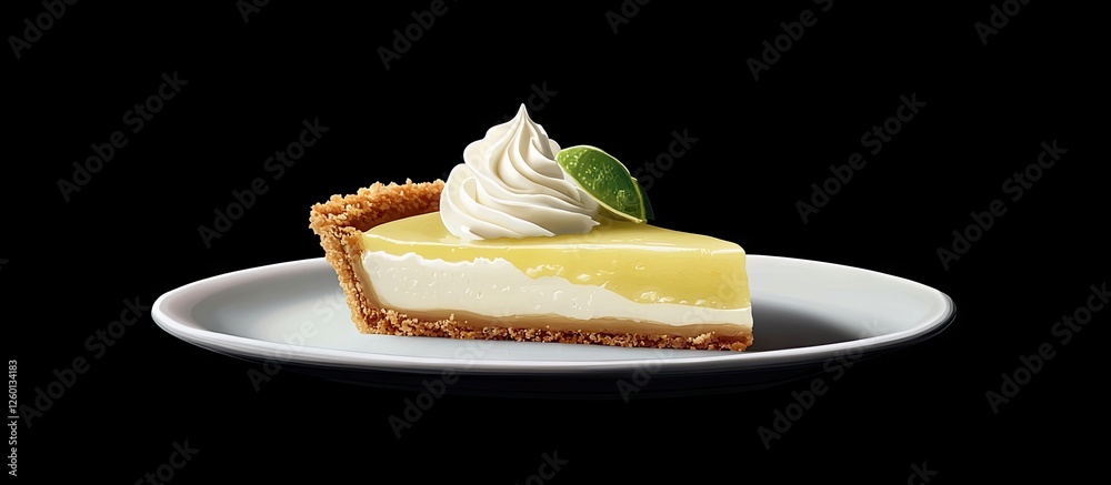 Aufkleber Key Lime Pie slice on white plate with a golden crust topped with whipped cream and lime slice on a black background highlighting the tangy creamy texture