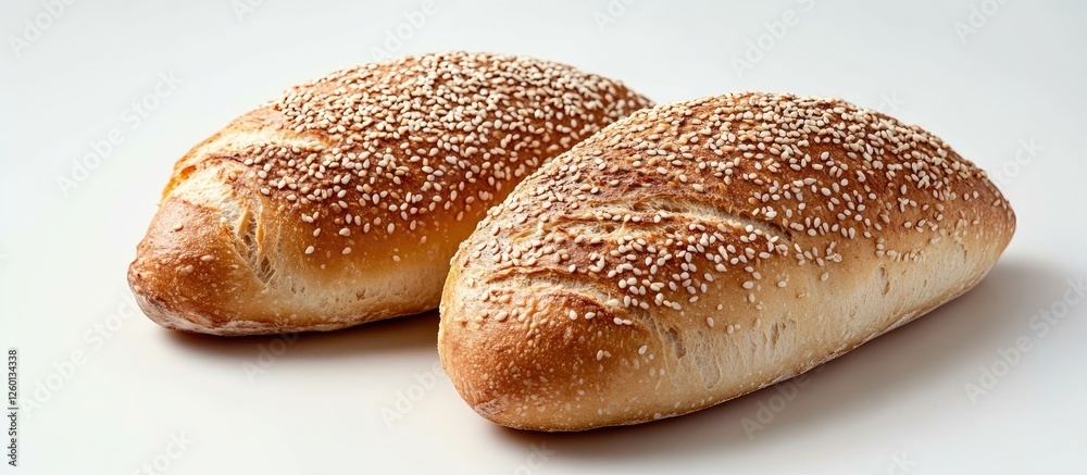 Poster freshly baked sesame seed baguettes displayed in a diagonal arrangement on a clean white background 