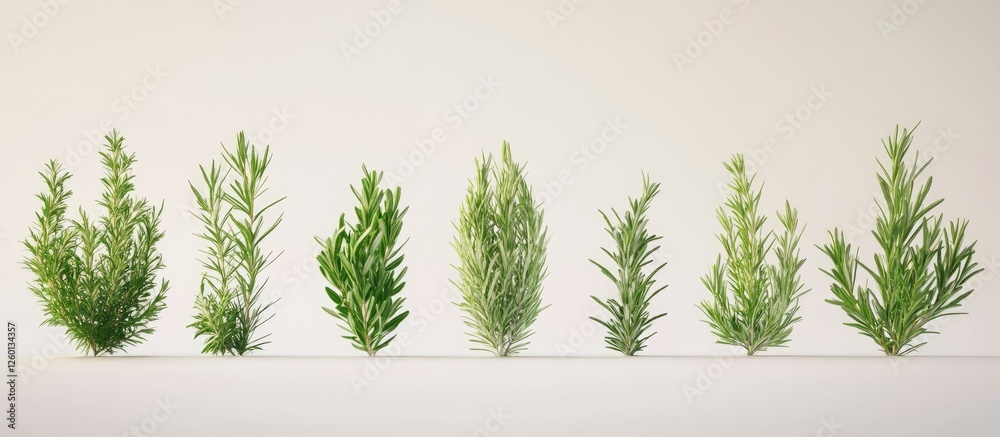 Poster vibrant green rosemary sprigs arranged neatly on a soft white background highlighting their freshnes