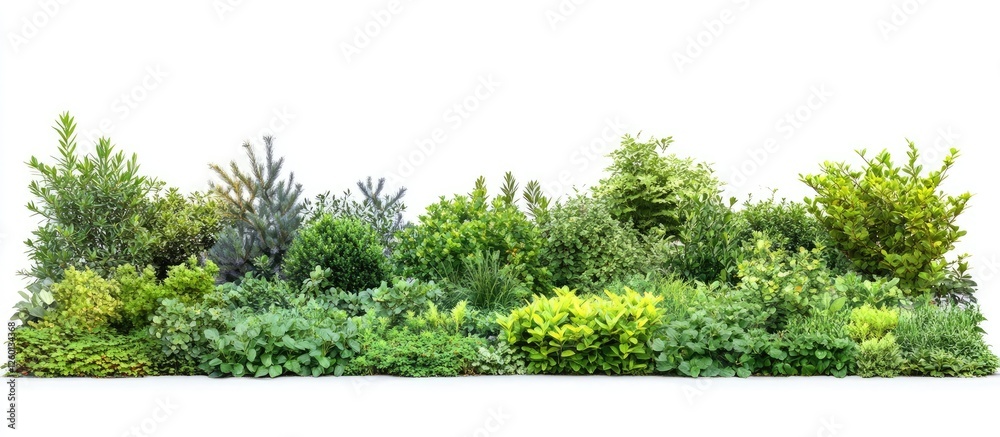 Poster lush assorted green shrubs in varied heights creating a vibrant garden border isolated on a white ba