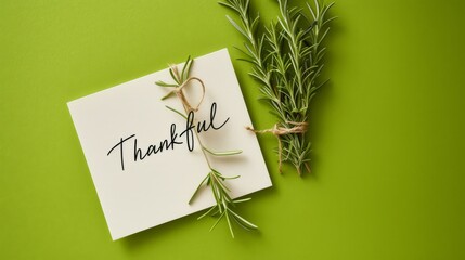 Minimalist card with Thankful text tied to fresh rosemary, set on a vibrant green surface. Perfect for gratitude themes or seasonal decorations. AI generated.
