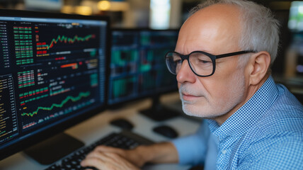 Market Analysis: A seasoned professional meticulously analyzes financial data on multiple computer screens, showcasing the intense focus and dedication required in the world of finance. 