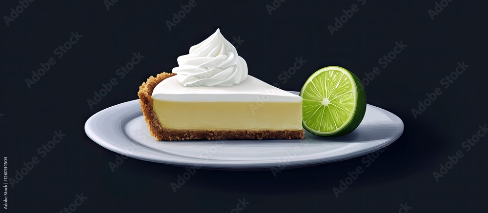 Poster Key Lime Pie slice on a white plate with whipped cream topping and a lime wedge on a dark background, highlighting tangy and creamy textures.